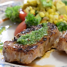 Iberico Pork Loin Steaks Grilled with Chimichurri and Avocado Corn Salad Recipe