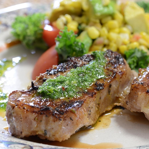 Iberico Pork Loin Steaks Grilled with Chimichurri and Avocado Corn Salad Recipe