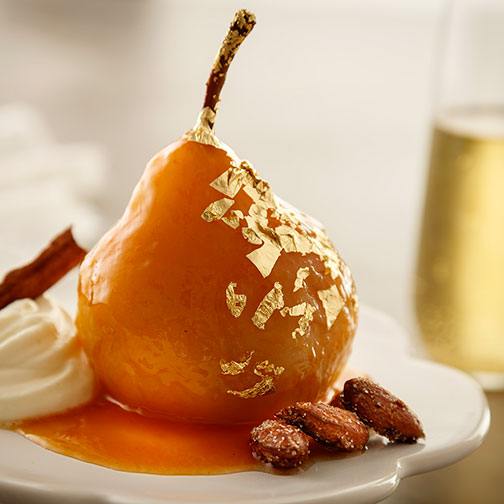 Gold Leaf Champagne-Poached Pears Recipe | Gourmet Food World