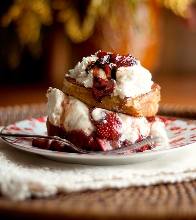 Pound Cake French Toast Stacks with Sweet Goat Cheese Mousse and Warm Balsamic Roasted Strawberries