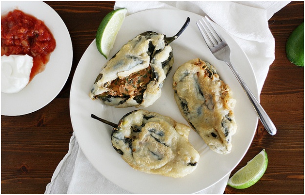 Beer-battered Bean and Cheese Stuffed Poblano Chiles by Girl Versus Dough